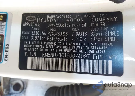 2008 Hyundai Veracruz Gls/Limited/Se из США, поврежденный, VIN KM8NU73C18U074097